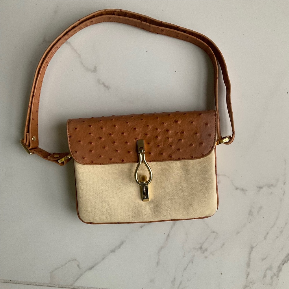 VINTAGE LEDERER BONE SHOULDER BAG WITH TOBACCO TRIM